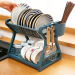 Double Layer Kitchen Dish Rack Drainer Organizer Storage Plastic Dish Drying Rack Utensil Cutlery Holder