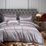 Gold Satin Jacquard Luxury Euro Bedding Set Soft Silky Double Duvet Cover Bedroom Set, Pillowcases, No Comforter Include